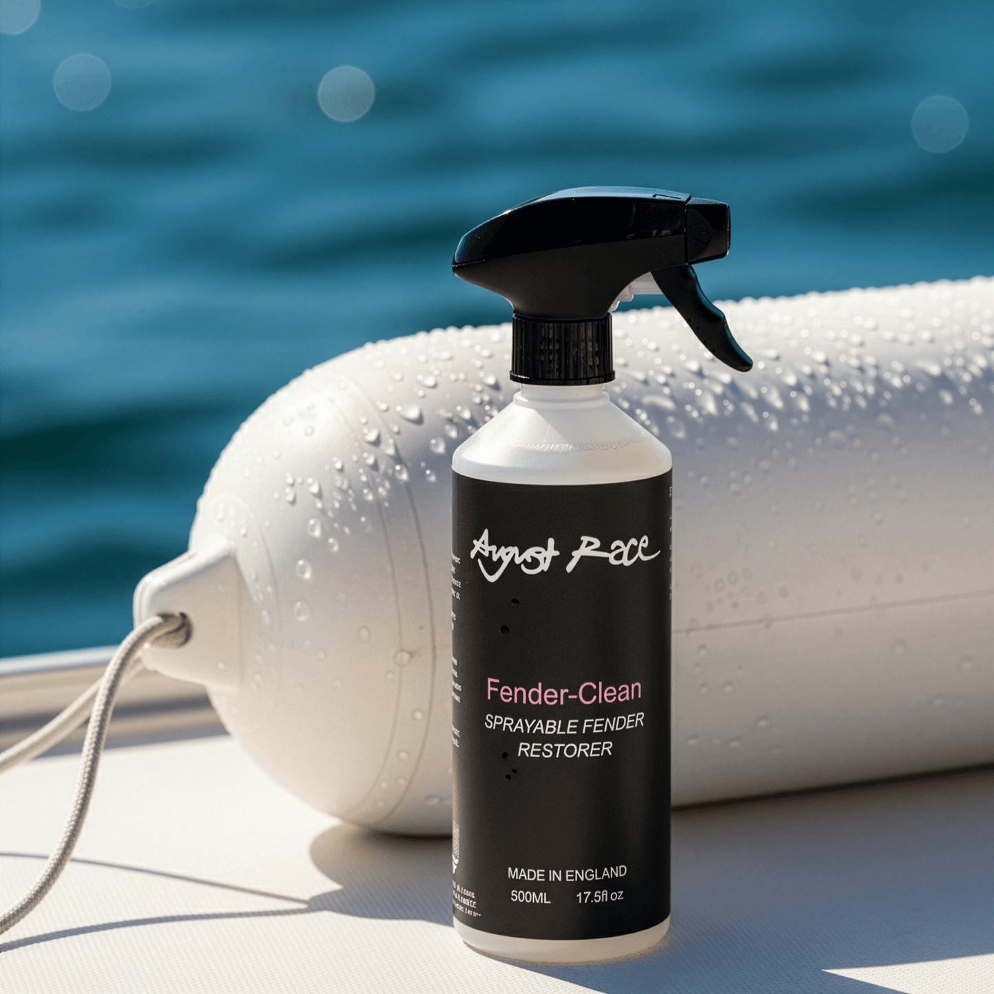 Auguat Race Fender-Clean spray bottle on a boat with water in the background
