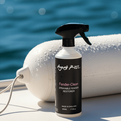 Auguat Race Fender-Clean spray bottle on a boat with water in the background