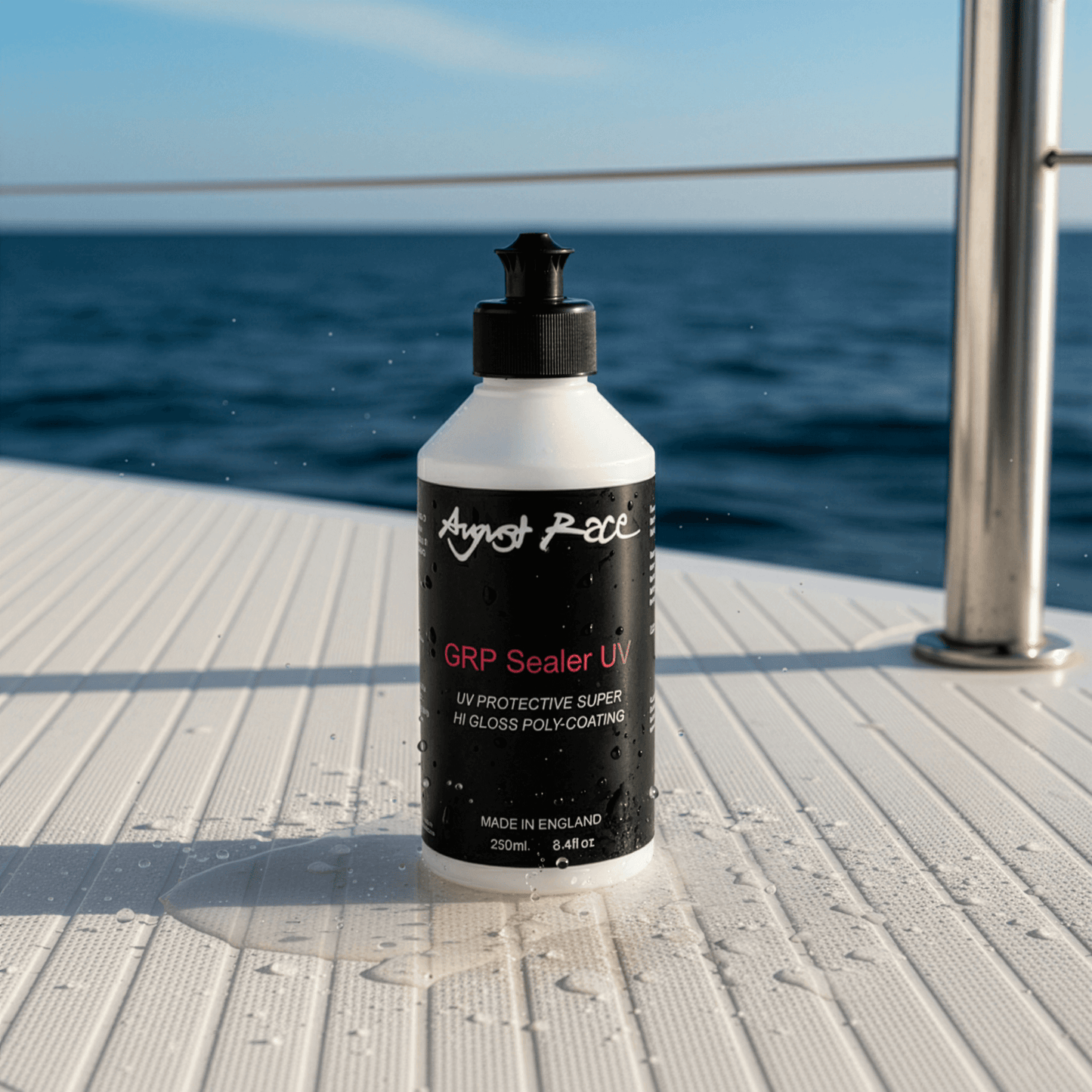Bottle of August Race GRP Sealer UV on a boat deck with ocean in the background