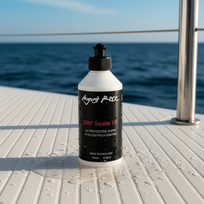 Bottle of August Race GRP Sealer UV on a boat deck with ocean in the background