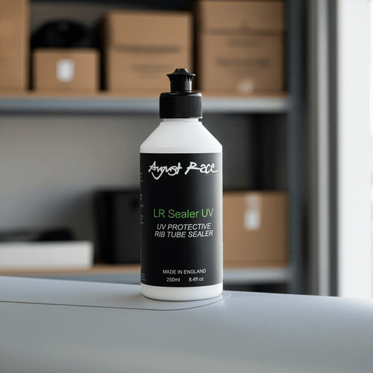 Bottle of August Race LR Sealer UV on a RIB tube surface