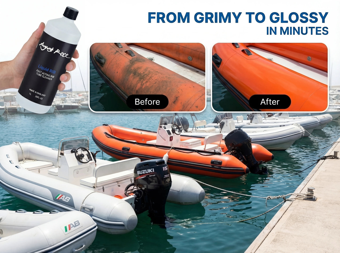 Marine RIB Cleaner - Cleans, Revives & Protects Hypalon and PVC Tubes (1L) - August Race