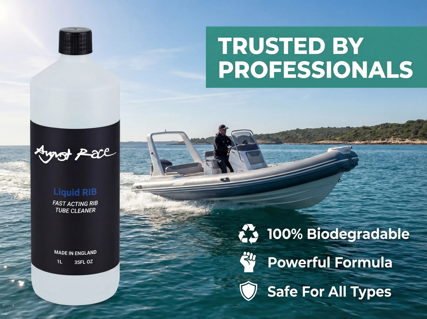 Marine RIB Cleaner - Cleans, Revives & Protects Hypalon and PVC Tubes (1L) - August Race